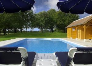 een zwembad met 2 stoelen en een parasol bij L'Orée des Chênes, The Originals Relais (Relais du Silence) in La Ferté-Saint-Aubin