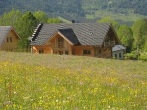 drewniany dom na wzgórzu z polem kwiatów w obiekcie Chambres d'hôtes La Vercouline w mieście Villard-de-Lans