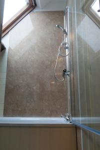 um chuveiro com uma porta de vidro na casa de banho em The Dragon Hotel em Montgomery