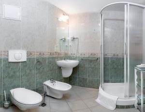 een badkamer met een wastafel, een toilet en een douche bij Residence Romanza in Mariánské Lázně