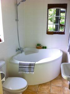 a white bath tub in a bathroom with a toilet at Het Vogelhuisje in Twijzelerheide