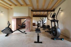 einen Fitnessraum mit mehreren Laufbändern und Heimtrainern in der Unterkunft Hostellerie Du Château Les Muids in La Ferté-Saint-Aubin