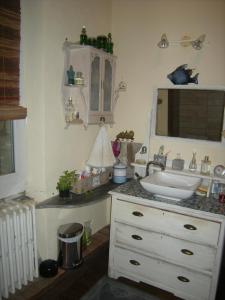 a bathroom with a sink and a counter with a mirror at La Maison sur la Colline in Mauroux