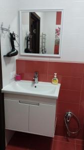 een badkamer met een witte wastafel en een spiegel bij Альтаир2 in Odessa
