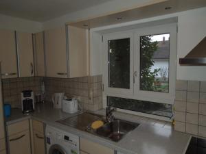 een keuken met een wastafel en een raam bij Angelas Apartment in Grenzach-Wyhlen