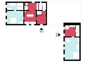 einem Grundriss eines Hauses mit Rot in der Unterkunft Alte Mühle Kaisersdorf in Kaisersdorf