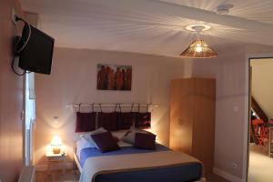 1 dormitorio con 1 cama y TV de pantalla plana en La Margot'ine, en Montrieux-en-Sologne