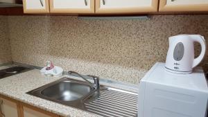 encimera de cocina con fregadero y batidora en Tashevi Apartments, en Pomorie