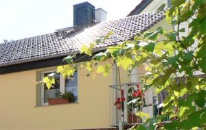 uma casa amarela com uma janela com flores em Ferienwohnung Geratal em Erfurt