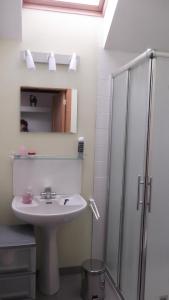 y baño blanco con lavabo y ducha. en Ferme du Pont de Bois - Le Fenil, en Thuin