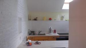 eine Küche mit einer Spüle und einer Theke in der Unterkunft Ferme du Pont de Bois - Le Fenil in Thuin
