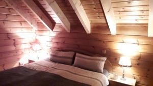 HildersにあるFerienhaus Berg.erlebenの木製の壁のベッドルーム1室、ベッド1台(ランプ2つ付)