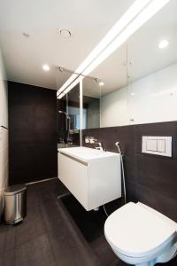 a bathroom with a white sink and a toilet at Aalto Inn in Espoo