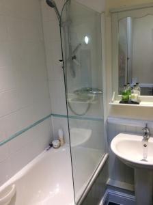 a bathroom with a shower and a sink at Minty Cottage in Hythe