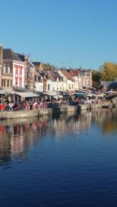 a river with a group of buildings next to the water at Maison Ulysse in Amiens