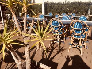 eine Gruppe Stühle, ein Tisch und ein Baum in der Unterkunft Hôtel Sampiero in Bastia