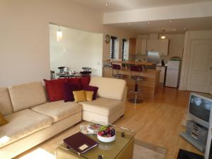 a living room with a couch and a tv and a kitchen at Grove Lodge Holiday Homes (2 Bed) in Killorglin