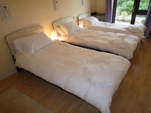 three beds in a room with white sheets and pillows at Grove Lodge Holiday Homes (2 Bed) in Killorglin