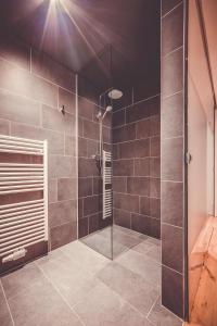a bathroom with a shower with a glass door at Spaces Hotel in San Vigilio Di Marebbe