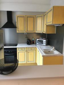 Una pequeña cocina con gabinetes amarillos y un microondas. en JLGR3, en Belfort