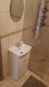 a bathroom with a sink and a shower with a mirror at Malūno Vilos apartamentai centre in Palanga +13 photos