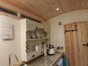 a kitchen with wooden ceilings and a counter with a sink at Waterside Shepherds Hut in York