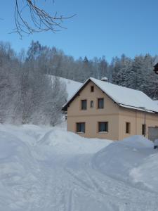 a house with a pile of snow in front of it at Apartman Svoboda in Svoboda nad Úpou
