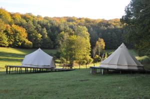 two tents in a field with trees in the background at Ecodomaine Chemins de Traverse in Auberive