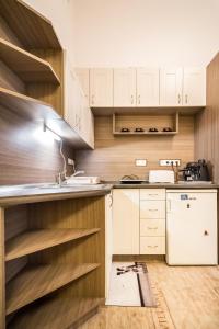 ブダペストにあるDombóvári way apartmanのキッチン(木製キャビネット、シンク付)