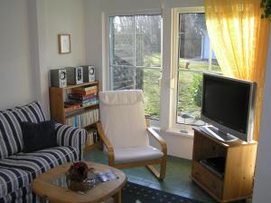 a living room with a tv and a couch and a chair at Ferienhaus Zinnowitz in Zinnowitz