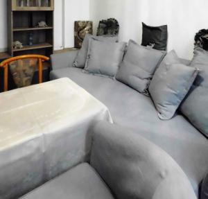 ein Wohnzimmer mit einer grauen Couch mit Kissen in der Unterkunft Pension Pieschen Dresden in Dresden