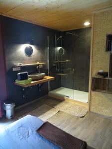 a bathroom with a shower and a glass shower stall at The Roots in Marcouray