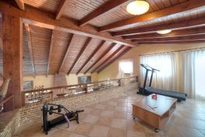 una grande camera con una palestra con soffitti in legno di Villa Sunrise Lagonisi a Lagonissi