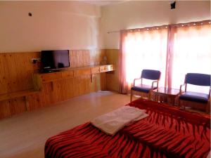 a bedroom with a bed and two chairs and a television at Hotel Abu Palace in Leh