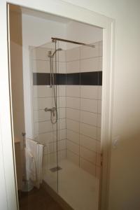 La salle de bains est pourvue d'une douche avec une porte en verre. dans l'établissement Le Lurton, à Château-Renault