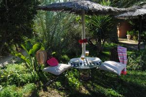 a table and chairs under an umbrella in the grass at Casa Entre Armonías in Zahara de los Atunes