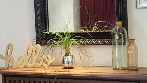 a table with a mirror and a bottle of wine at Hotel Goldener Adler Garni in Hallstadt