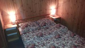Un dormitorio con una cama con dos luces. en Domki Letniskowe Kobyłocha en Kobyłocha