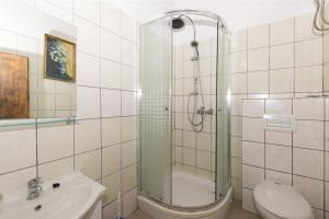a bathroom with a shower and a toilet and a sink at Apartments Irena in Tkon +49 photos