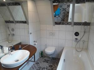 ein Badezimmer mit einem Waschbecken, einem WC und einer Badewanne in der Unterkunft Wolfseeweg 11 in Schellbronn