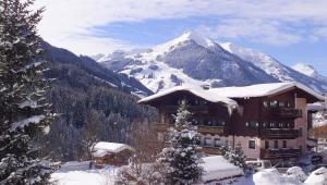 domek narciarski z pokrytą śniegiem górą w tle w obiekcie Altachhof Hotel und Ferienanlage - Jokercard im Sommer inklusive w Saalbach Hinterglemm