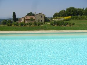 a large pool of water in front of a house at Podere Carceroni in Cinigiano