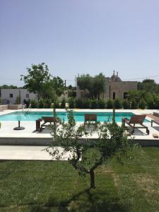 a pool with benches and a tree in the grass at Casolare di Pozzomasiello in Locorotondo