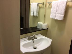 W łazience znajduje się umywalka, lustro i ręczniki. w obiekcie Nice Inn Edmonton w mieście Edmonton