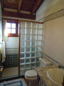een badkamer met een toilet, een wastafel en een douche bij La Casa de Mis Padres in El Pinar del Hierro