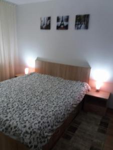 トゥルダにあるGarsoniera MARIAのベッドルーム1室(ベッド1台、ランプ2つ、テーブル2台付)