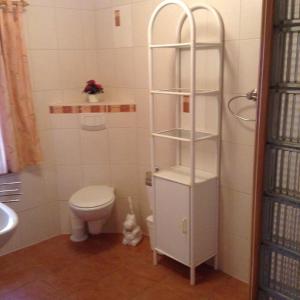 ein Bad mit einem WC und einem weißen Regal in der Unterkunft Ferienwohnung Dietlinde in Bad Blankenburg
