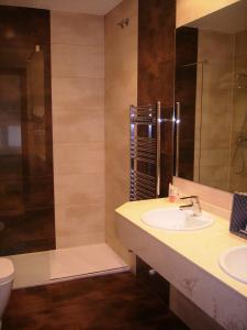 a bathroom with a sink, toilet and shower at Hotel Roma in Valladolid