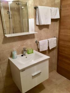ein Badezimmer mit Waschbecken, Spiegel und Handtüchern in der Unterkunft Apartments Lilly in Zaboric + 34 Fotos