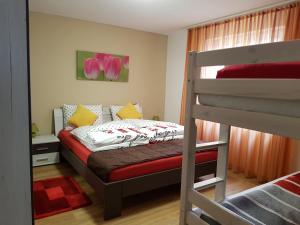 ein Schlafzimmer mit einem Bett und einem Etagenbett in der Unterkunft Casa Mila in Muotathal